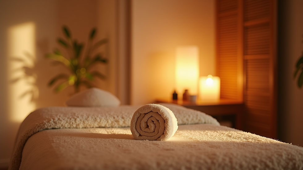 Eye-level view of a serene massage room with soft lighting and Indian decor