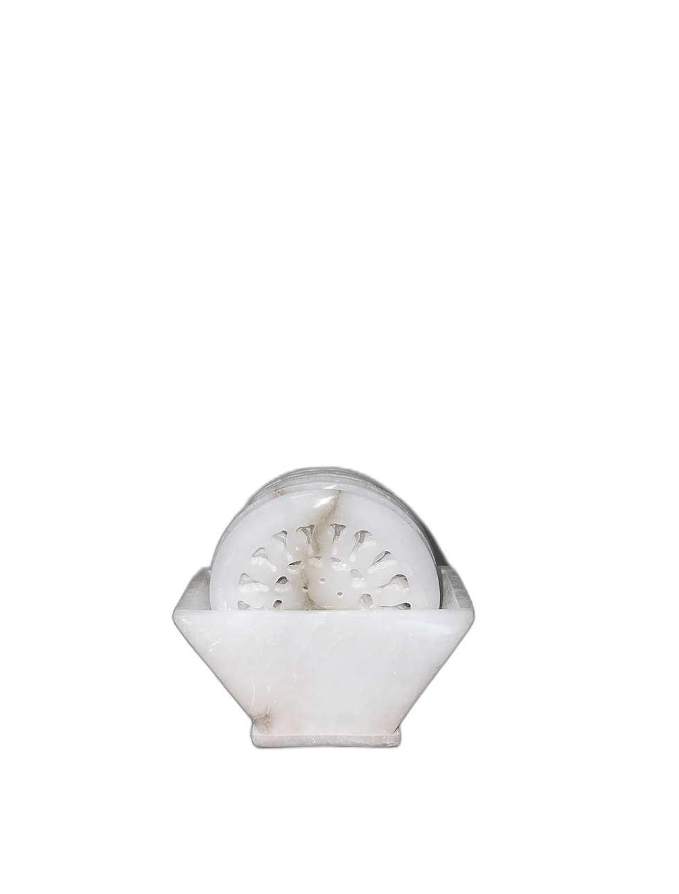 Miniatyrbilde: Hand-Carved White Marble Coaster Set – Floral Design with Matching Holder
