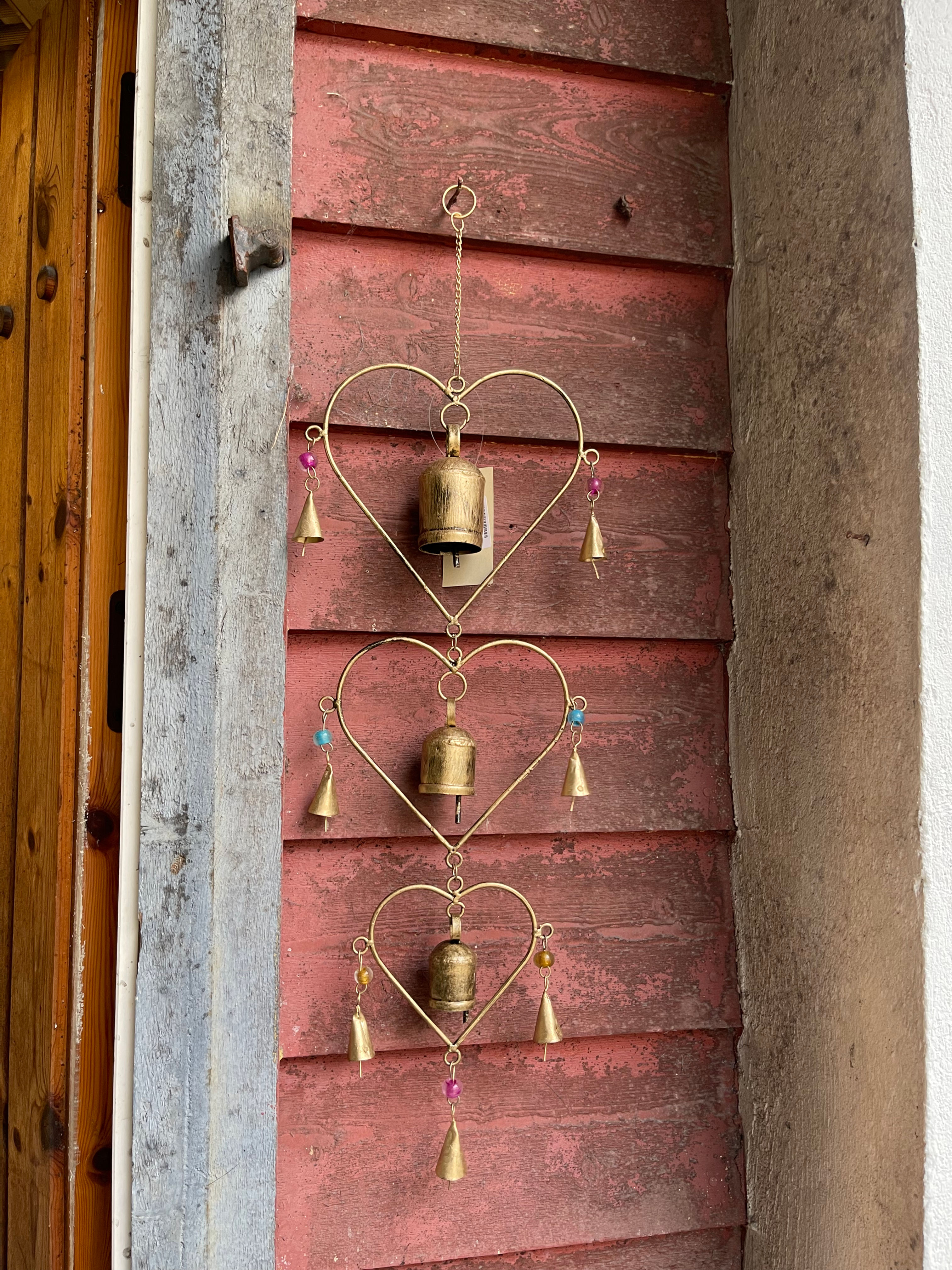 Three Hearts Wind Chime – Brass Bells & Beads