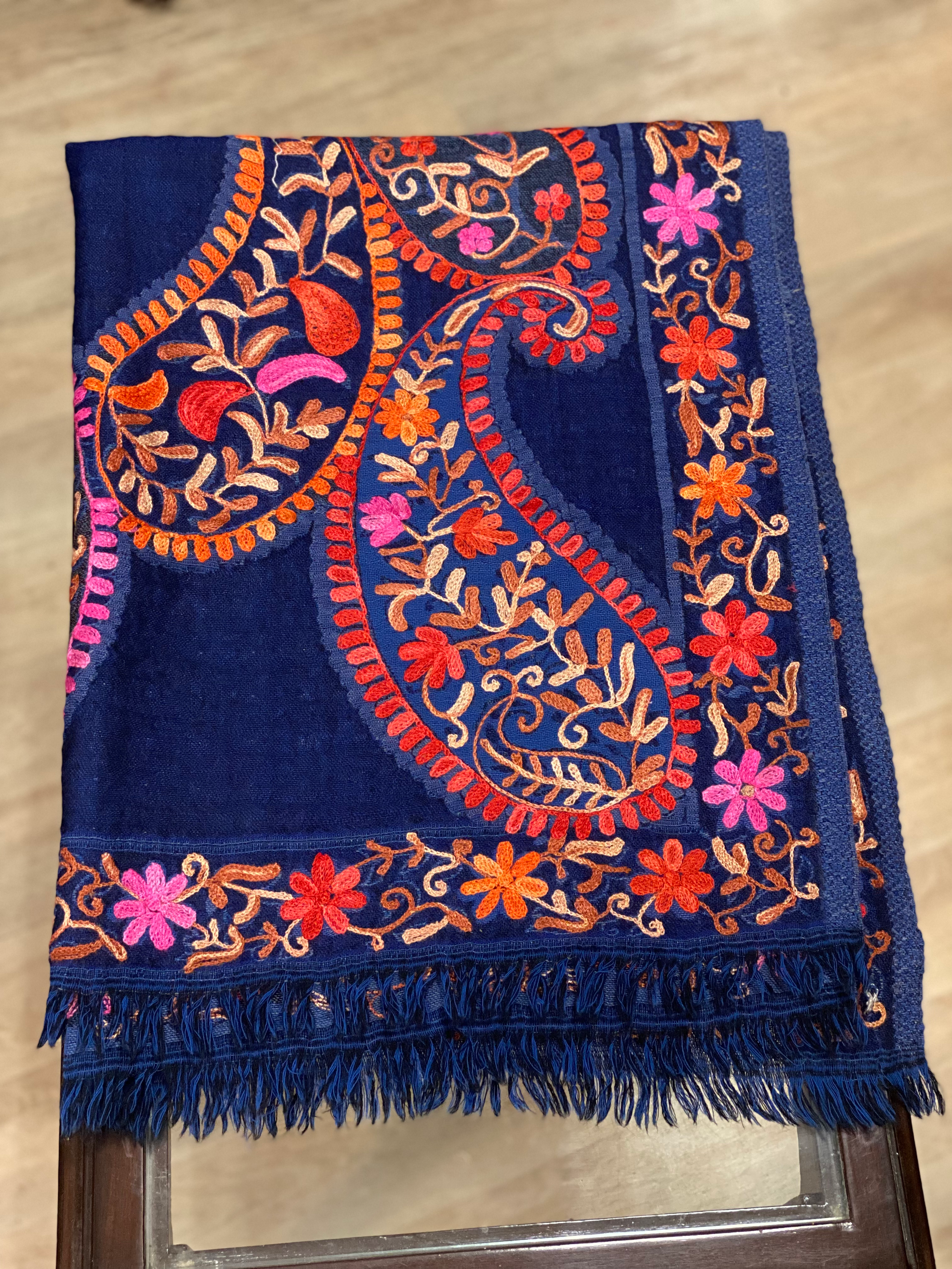 Blue woolen hand work pashmina scarf
