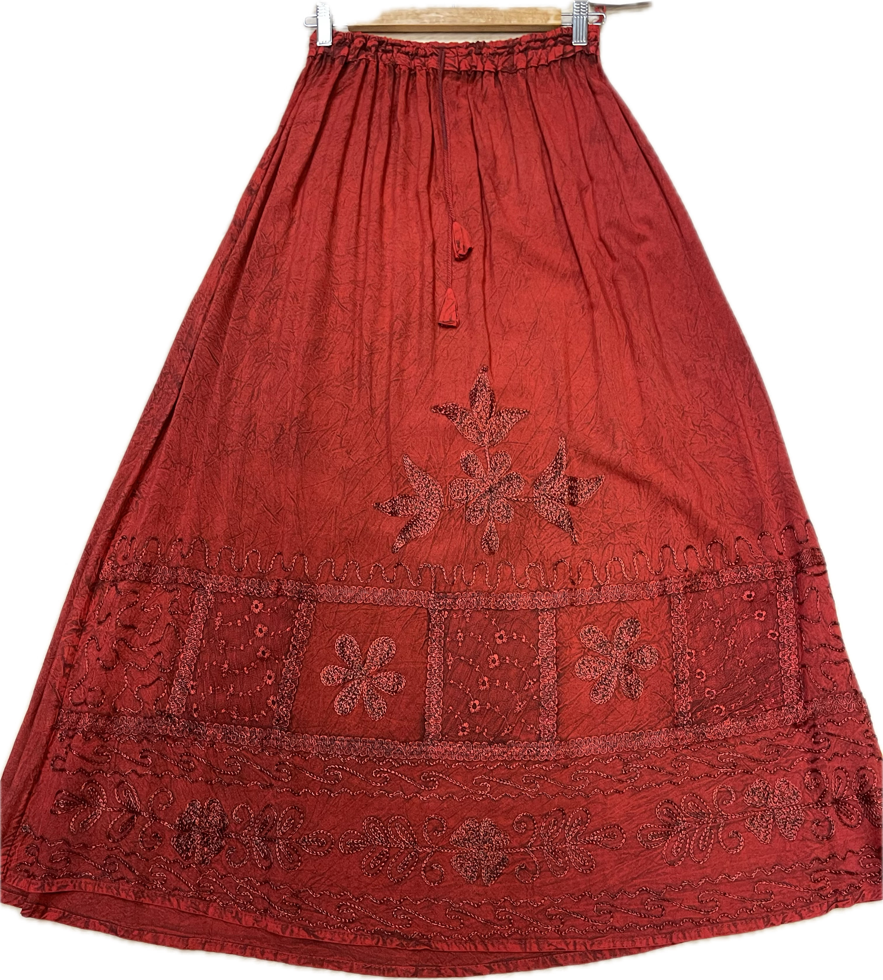 Embroidered Rayon Maxi Skirt Dark Red