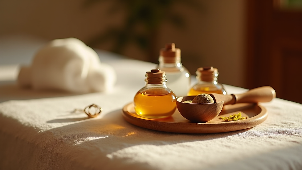 Close-up view of a massage table with aromatic oils and traditional Indian massage tools