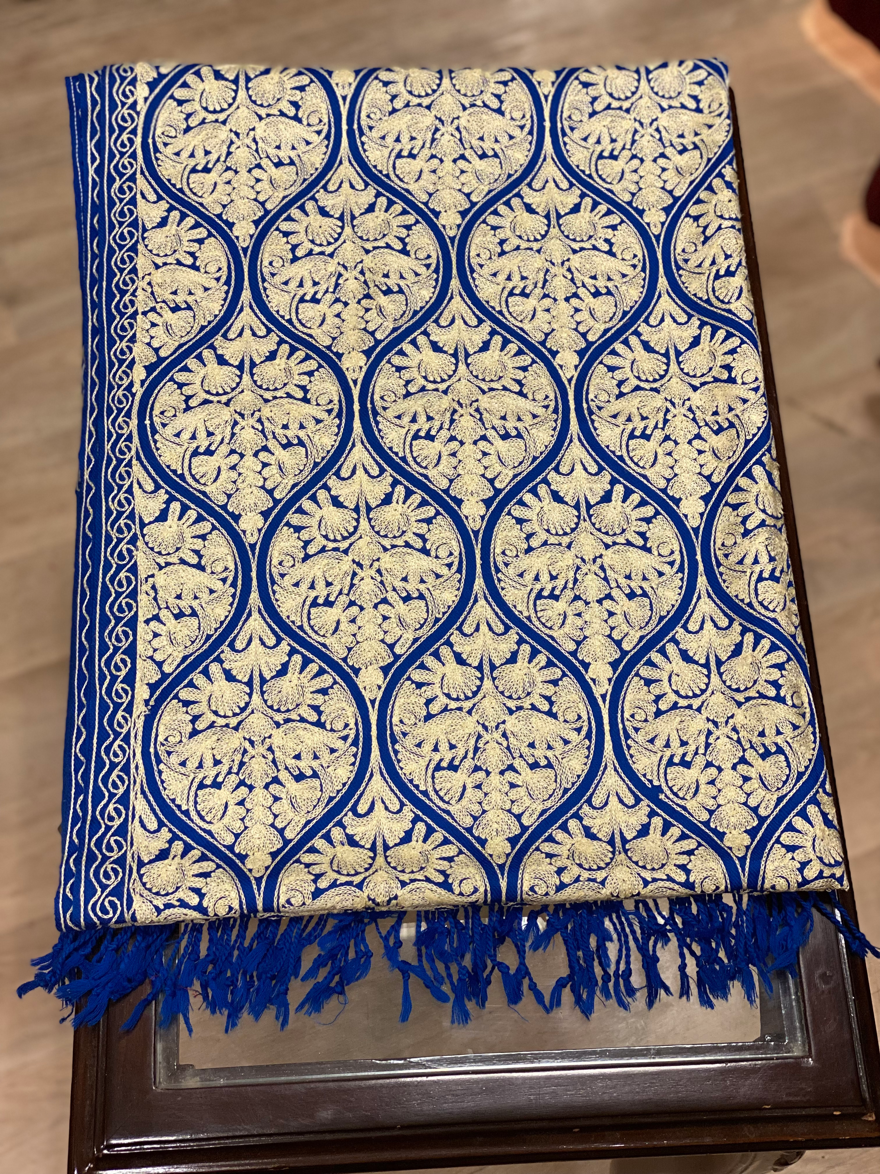 Blue White Heavy Work Kashmir Pashmina