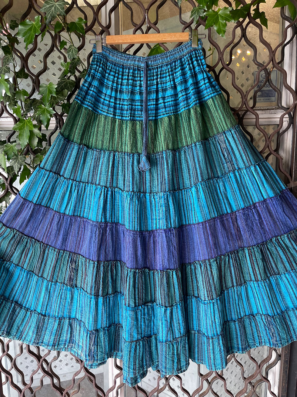 Thumbnail: Bohemian Tiered Cotton Dress/Skirt – Blue & Green Stripes