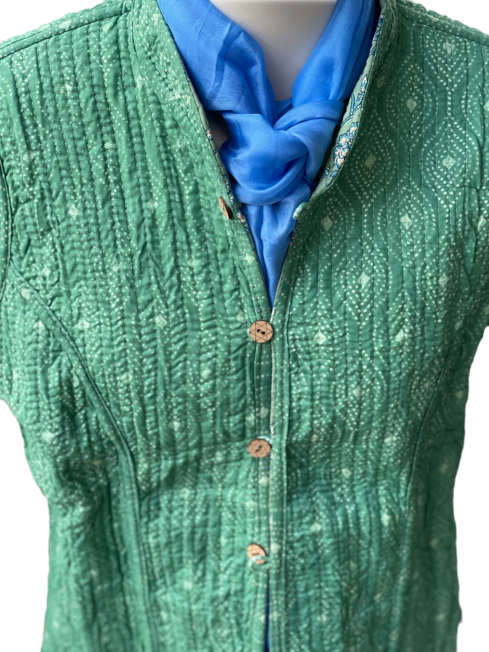 Thumbnail: Reversible Quilted Cotton Jacket – Green & Turquoise with White Rose Print