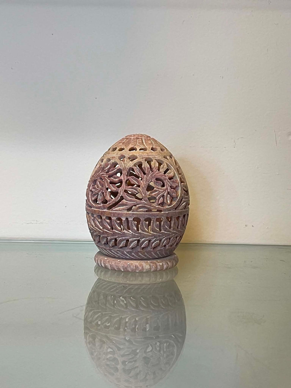 Thumbnail: "Egg" Stone Tea Light Candle Holder - Flowers engraved