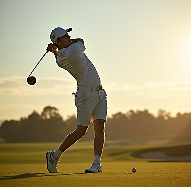 Action-shot-of-a-golfer-taking-a-powerful-swing-on-a-sunlit-fairway-with-a-focus-on-produc