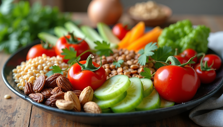 Close-up view of a heart-healthy meal with colorful vegetables and nuts