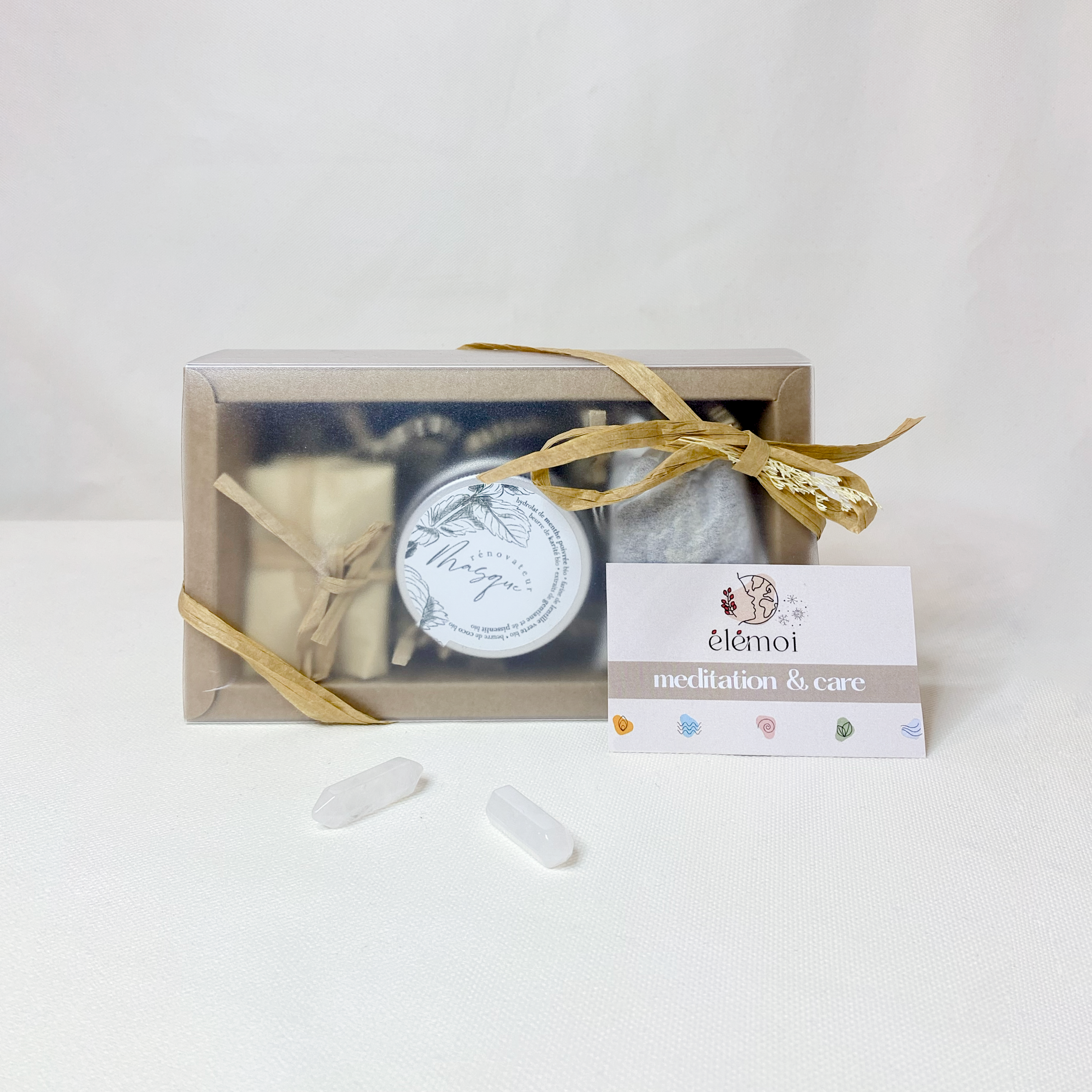 Coffret de soin visage "Meditation & Care" : Masque visage, cristaux de roche, sachet de thé "Cimes & Racines", livret rituel