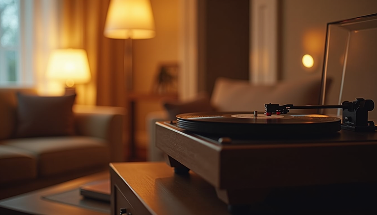 Eye-level view of a cozy living room with soft lighting and a vinyl record player