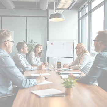 Five people in a conference room engaged in discussion around a table with papers and a laptop. Large windows and a screen in the background.