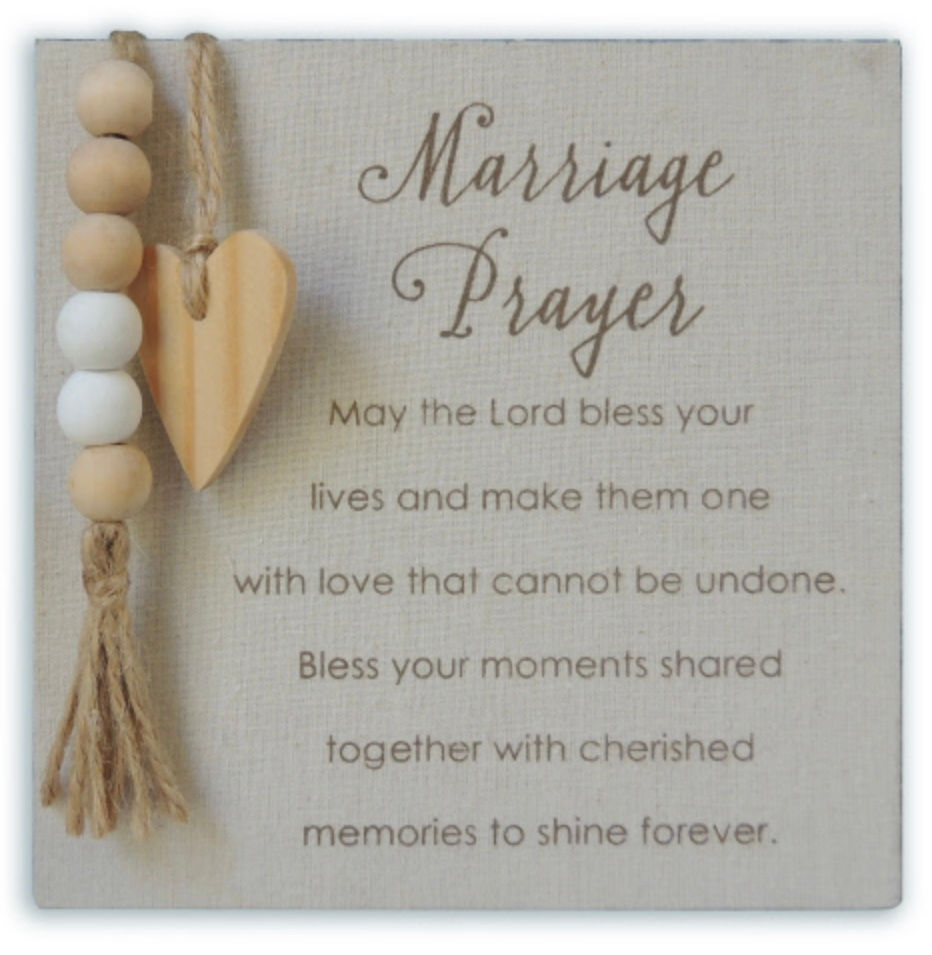 MARRIAGE PRAYER SQUARE PLAQUE W/BEADS, HEART & HANGER, BOXED
