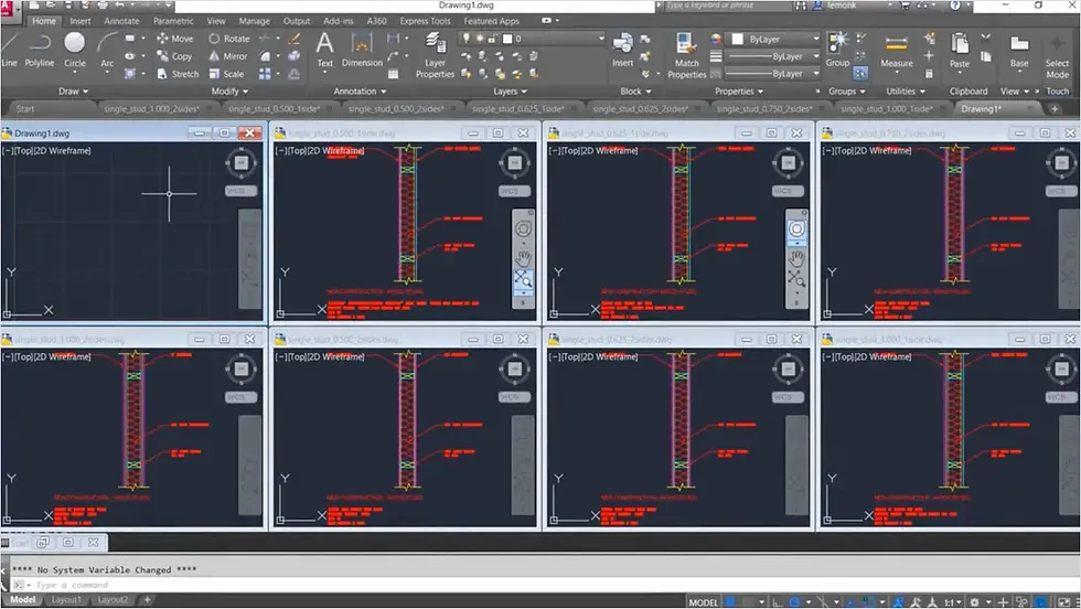 Engineering software screen showing six wireframe drawings of a vertical structure with red annotations. Black background. Toolbar visible.
