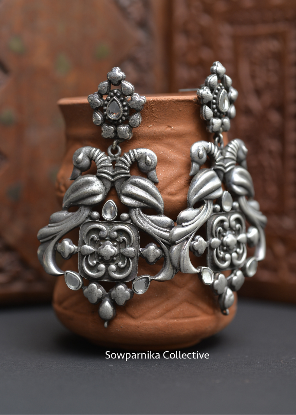Thumbnail: Silver Look Alike Peacock Design Earrings - 3