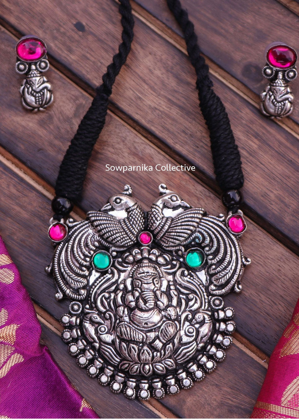 Thumbnail: Kholapuri Ganesha Pendant Necklace with Black Thread and Matching Earrings