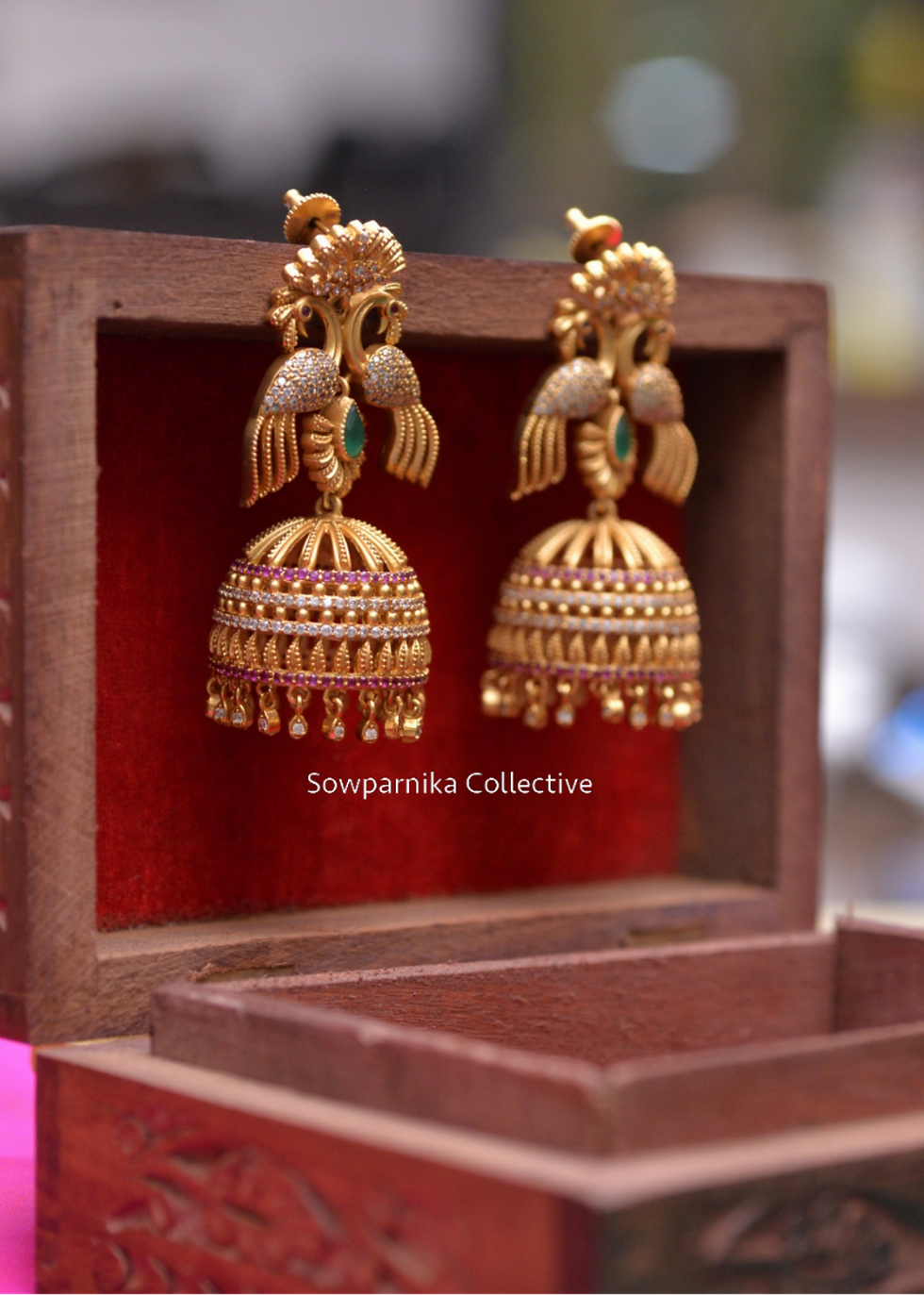 Thumbnail: Big Size Stone Work Peacock Jhumka
