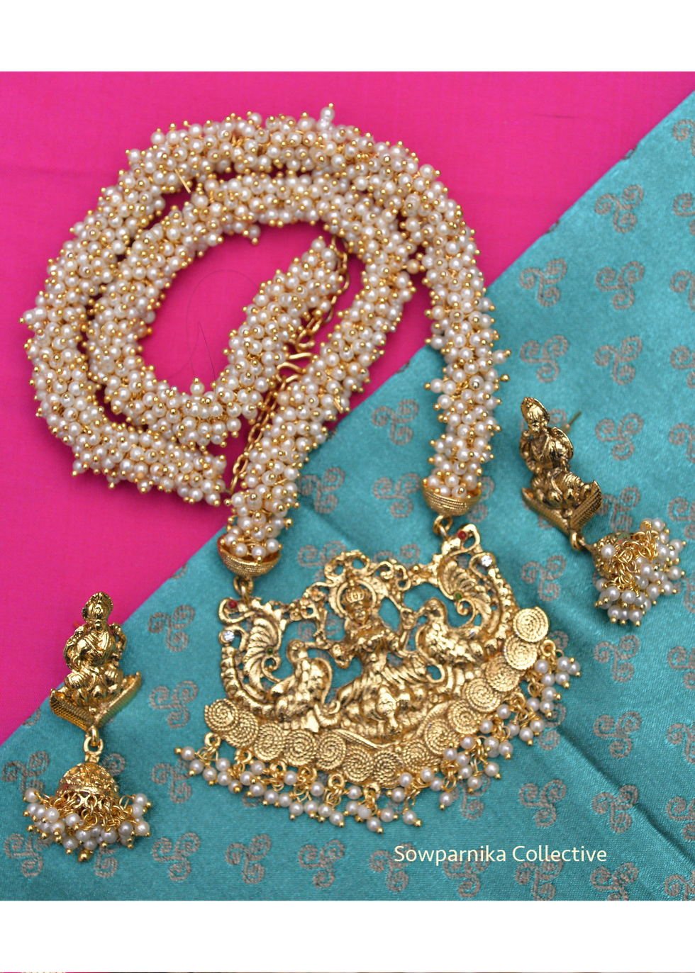 Thumbnail: Pearl Cluster Mahalakshmi Pendant Necklace with Matching Jhumkas