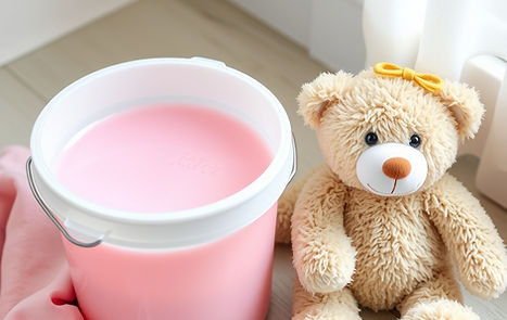 pink liquid fabric softener inside a bucket with a teddy bear next to the bucket .jpg