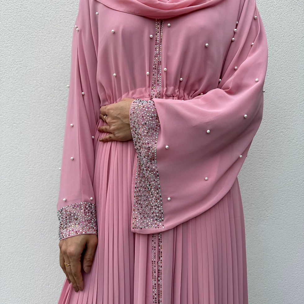 Thumbnail: PureAbayas Elegant Jahan Pearl Gemstone Pleated Double Abaya 3 Piece Set-Eid