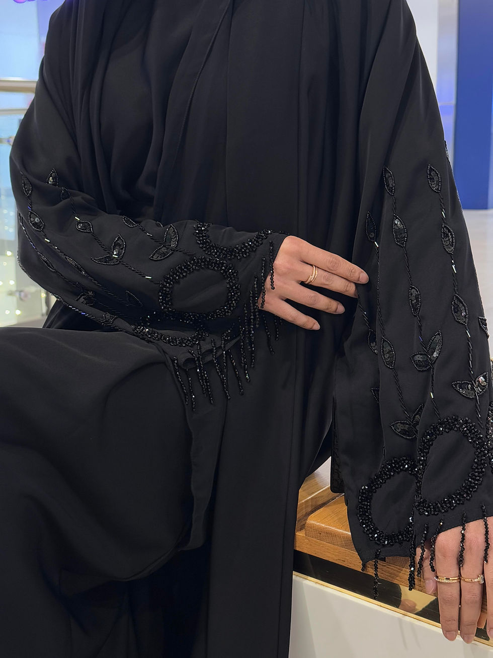 Thumbnail: PureAbayas Qamar Abaya - Luxury 4 Piece Abaya Set Handcrafted Embellished Open