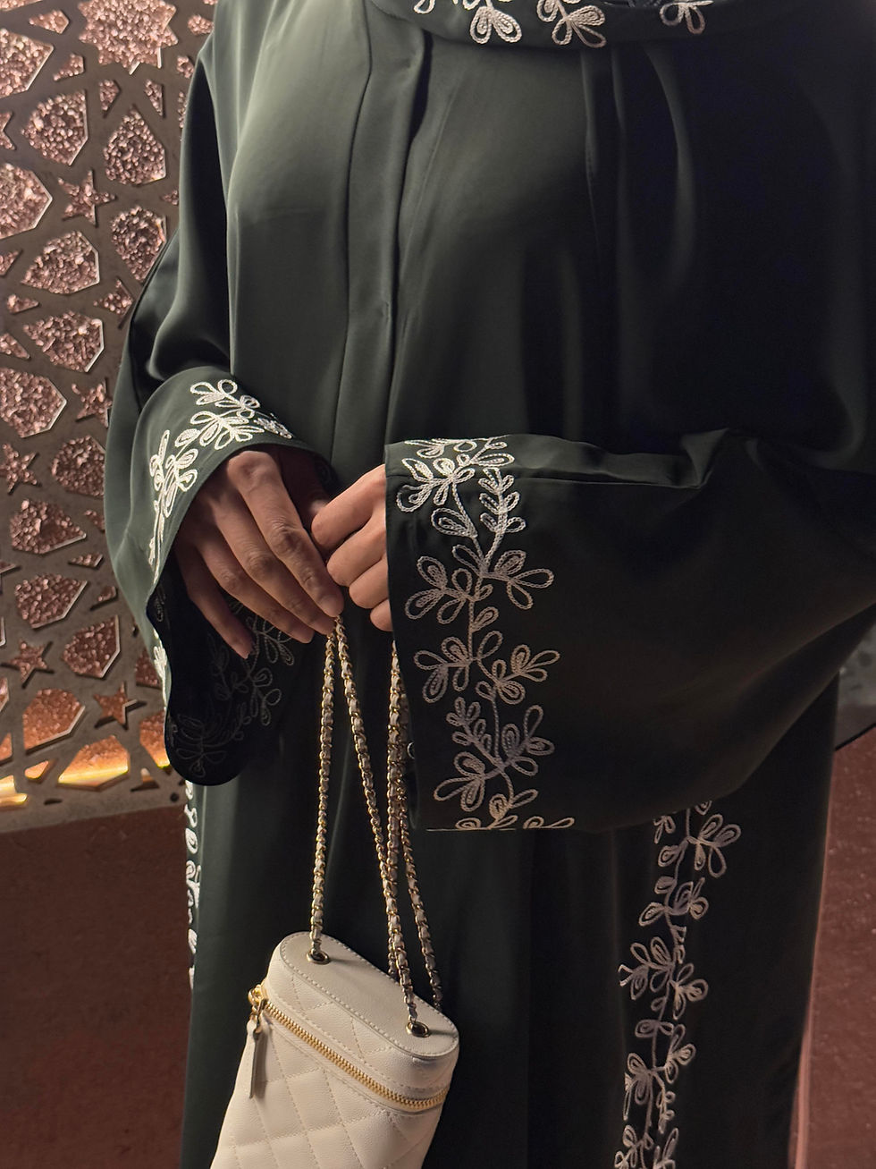 Thumbnail: Hasana Blossom Abaya – Olive Green Open Abaya with 3D White Floral Embroidery +