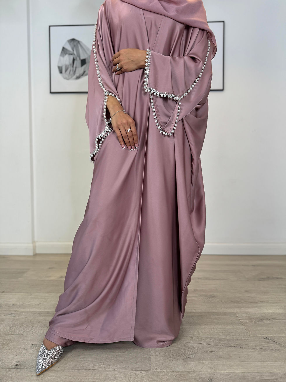 Thumbnail: PureAbayas Lulu Abaya - Premium Satin 3-Piece Luxury Abaya Set with Pearl &