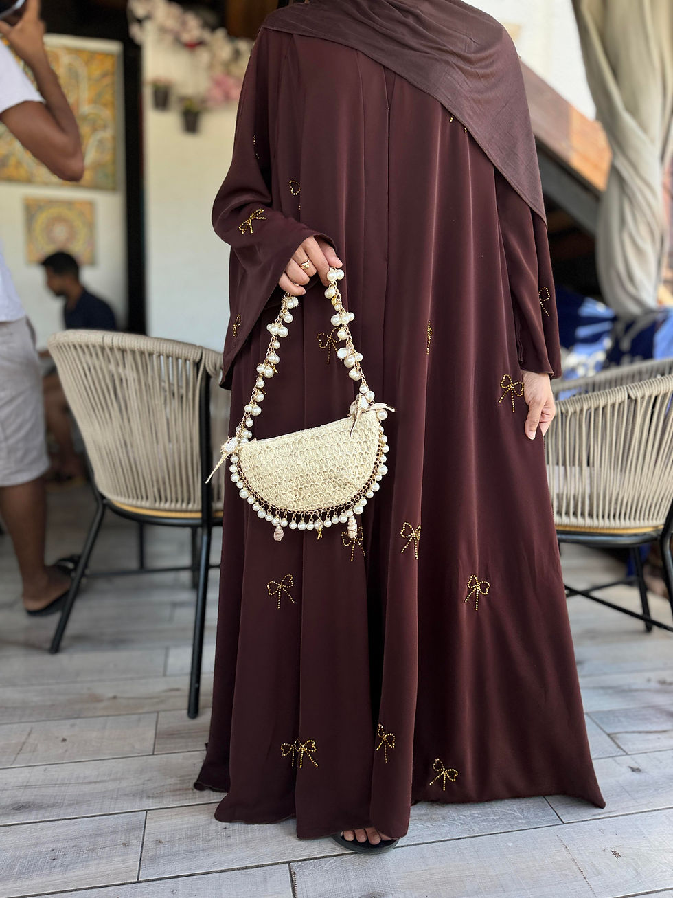 Thumbnail: PureAbayas Bow Umbrella Abaya with Handwork Beaded Embellishments Open Abaya