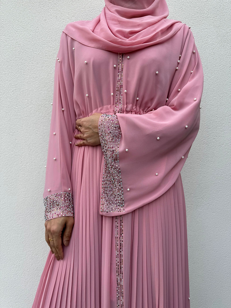 Thumbnail: PureAbayas Elegant Jahan Pearl Gemstone Pleated Double Abaya 3 Piece Set-Eid