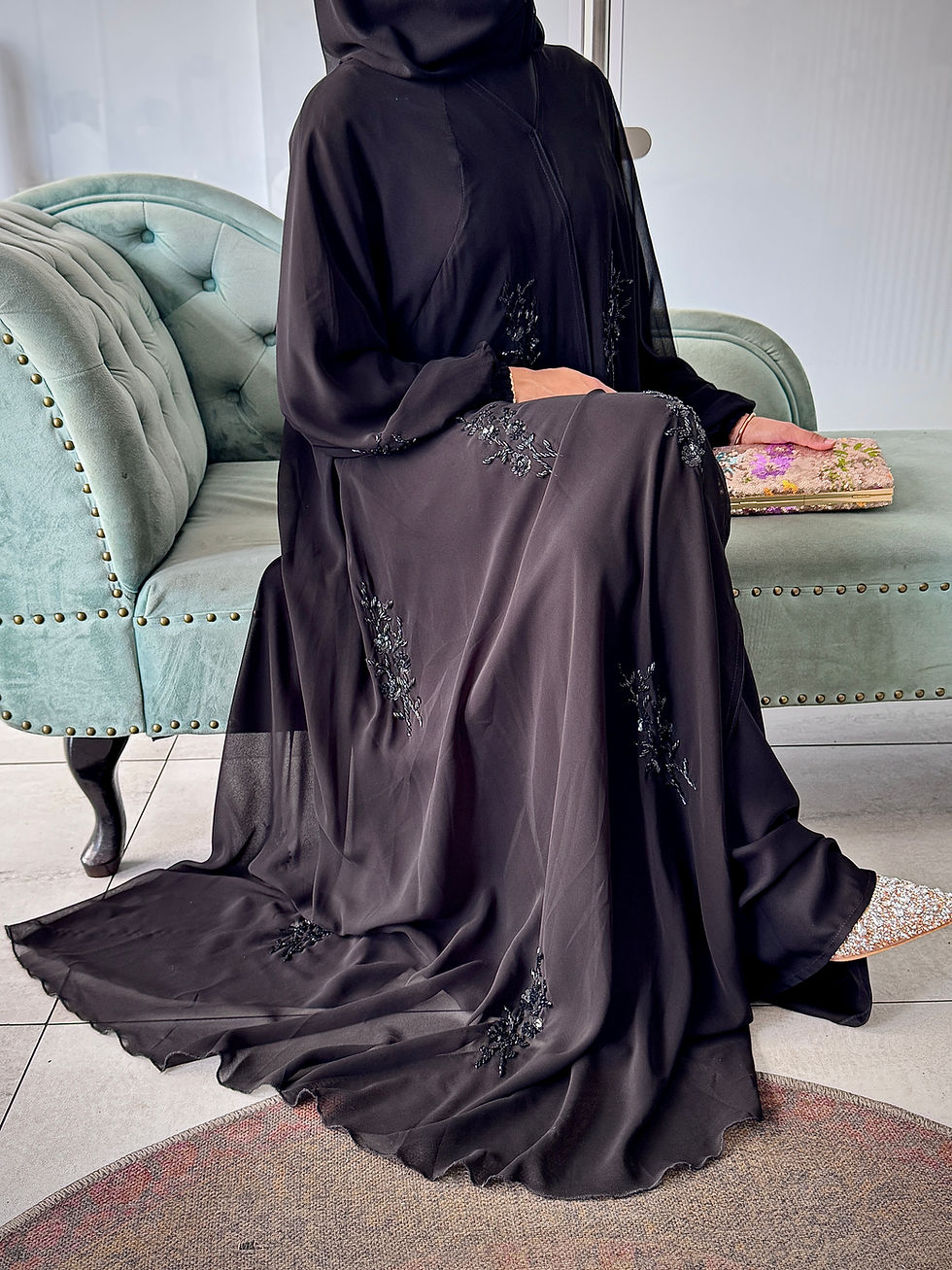 Thumbnail: PureAbayas Raniyah Abaya Luxurious Handcrafted Beaded Flowers on Chiffon 3pc set
