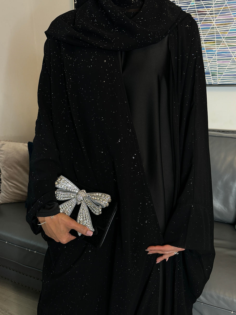 Thumbnail: Luxury Twinkle Butterfly Abaya Set with Satin Full Sleeve Inner Dress & Hijab |