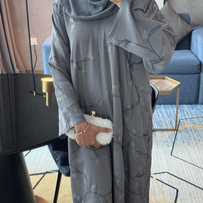 Thumbnail: PureAbayas Luxury Marwa Open Abaya with Embroidery and Gemstones Embellishments