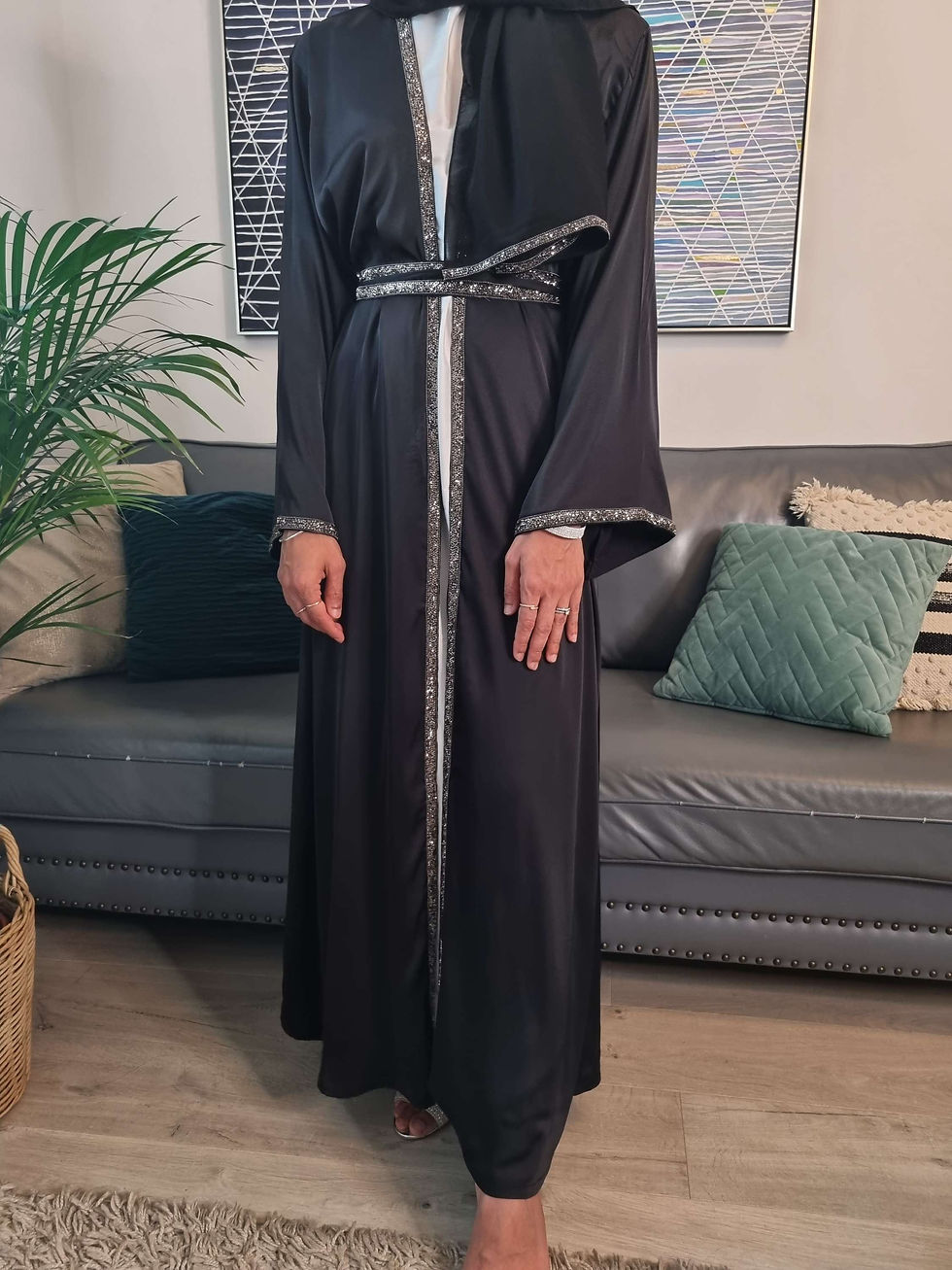 Thumbnail: Black Satin 4 Pieces Abaya Set 