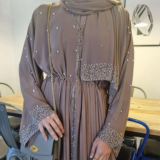 Thumbnail: PureAbayas Elegant Jahan Pearl Gemstone Pleated Double Abaya 3 Piece Set-Eid