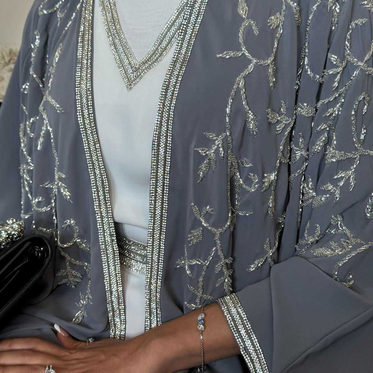 PureAbayas Jawaria Abaya - Luxury 4 Piece Abaya Set Handcrafted Open Heavy