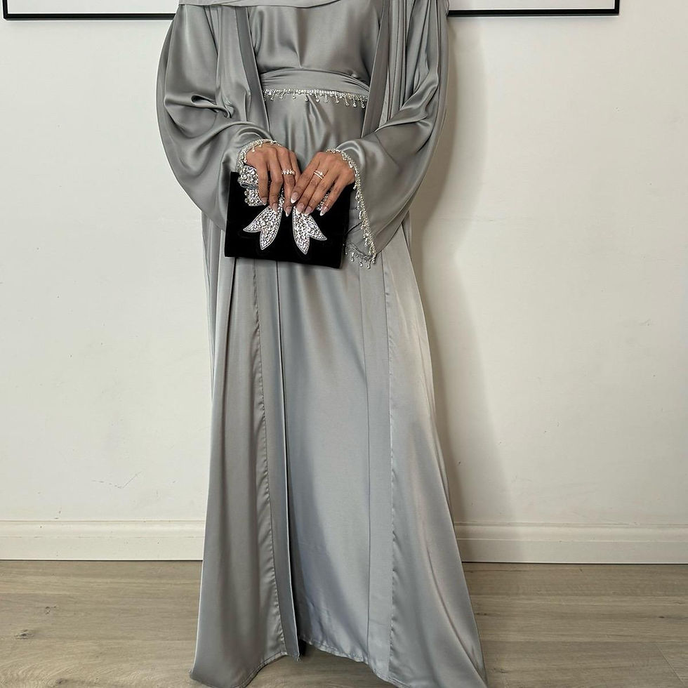 Thumbnail: Elegant Anna Satin 4-Piece Open Abaya Set with Diamante Embellishments - Silver