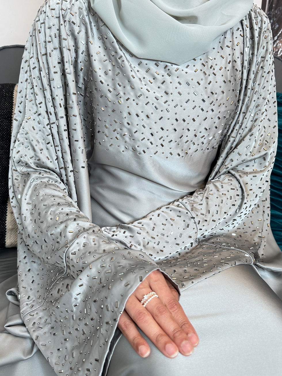 Thumbnail: Ayina Butterfly Satin Kaftan Abaya with Inner Belt and matching Scarf