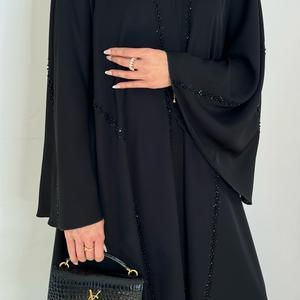 Thumbnail: PureAbayas Bow Umbrella Abaya with Handwork Beaded Embellishments Open Abaya