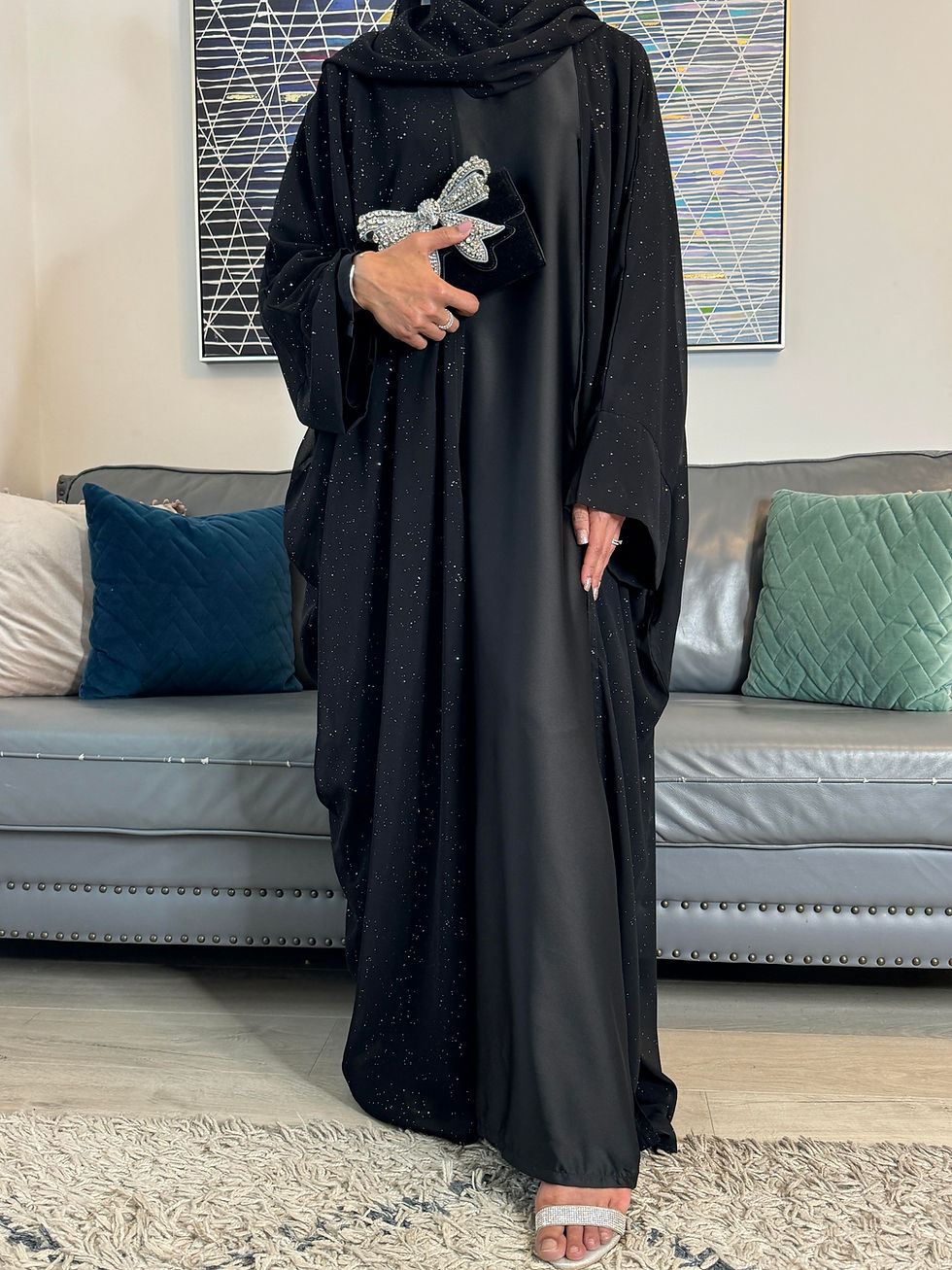 Thumbnail: Luxury Twinkle Butterfly Abaya Set with Satin Full Sleeve Inner Dress & Hijab |