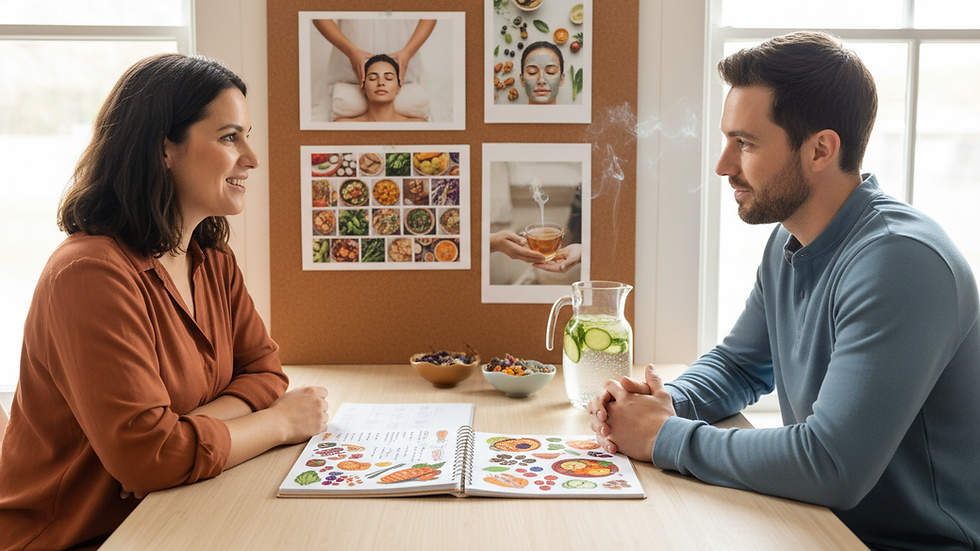 Close-up view of a nutrition coach discussing meal plans with a client
