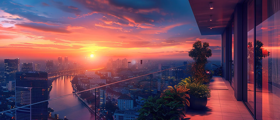 Overview of a big city at sunset