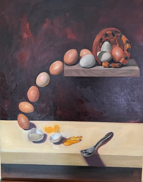 Basket of eggs on a top shelf with eggs falling to the bottom shelf