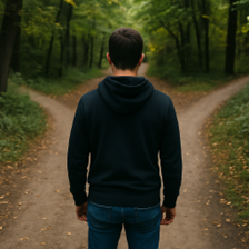 A man standing in the woods looking at three paths