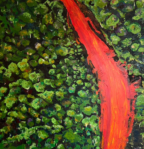 Oil painting of a red dirt road running through a forest