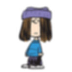 a girl with long brown hair wearing a blue shirt and purple beanie