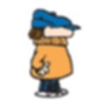 a boy in a orange sweater and a blue hat
