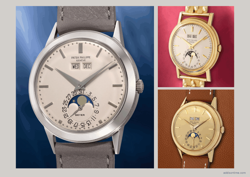 Left, Patek Philippe ref. 3448 in whitegold, retailed by Beyer, est. HK$ 6.000.000–12.000.000, sold for HK$ 13.716.000, bottom right, ref. 3448 with Doré Dial, est. In excess of € 1.000.000, sold for € 2.030.000, top right, ref. 3449 manual winding, est. in excess of CHF 2.500.000, sold for CHF 4.070.000, ©Phillips, MLG