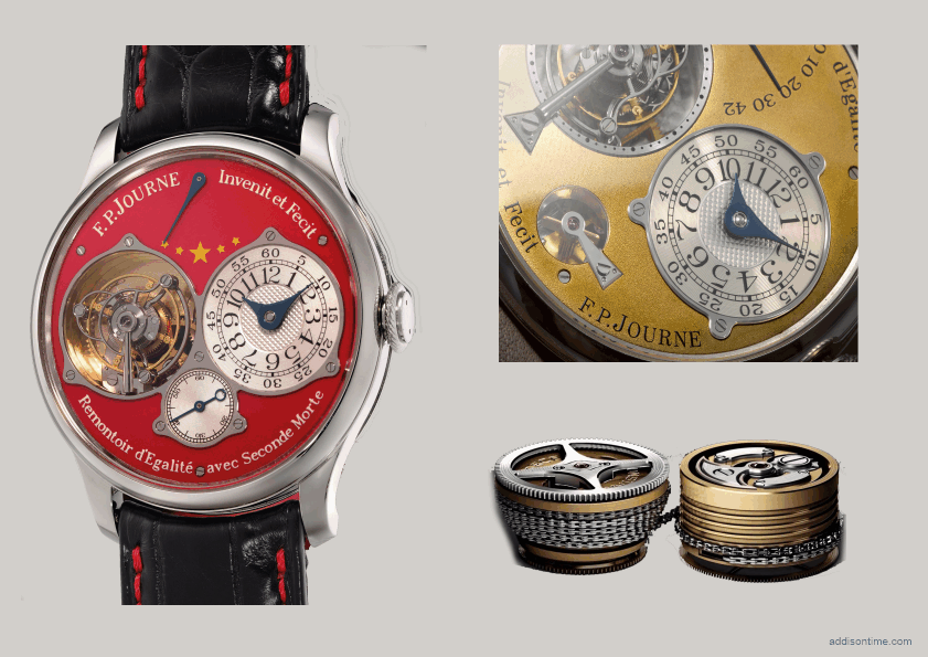 Left, FP Journe Tourbillon Souverain a Remontoir d’Egalite, “Chine 2010 38”, est. in excess of HK$ 7.800.000, sold for HK$ 32.965.000, top right, detail of the Tourbillon Souverain “Souscription”, ref. T 070/1, ca. 2000, est. CHF 500.000 – CHF 1.000.000, sold for CHF 2.439.000, bottom left, Chain et Fusée mechanism as used by Ferdinand Berthoud in his marine chronometers, ©Phillips, Christie’s, SQX Watches
