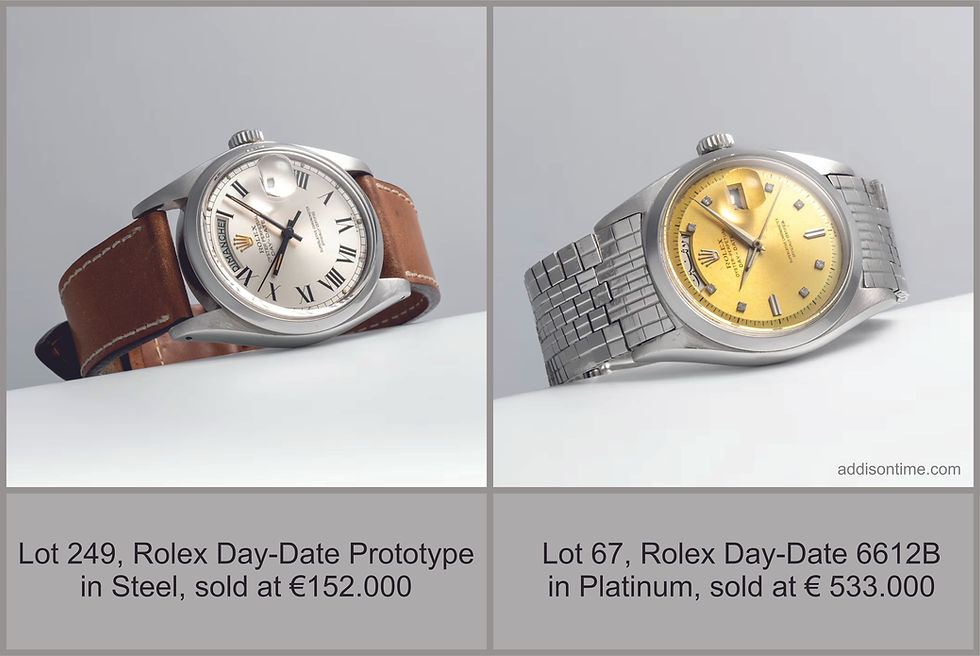 Valuable Day-Dates, unique pieces in steel and in platinum, the latter a very early Day-Date for a platinum case, destined for Middle East, ©MLG