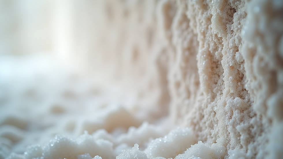 Close-up view of a salt granule texture on the salt room wall
