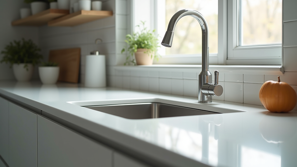 High angle view of a clean and shiny kitchen bench with a sparkling sink